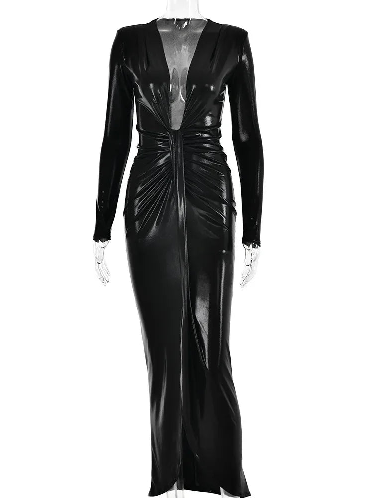 Deep V Neck Long Sleeve Bodycon Maxi Dress New Ruched Shiny Sexy PU Leather Dress - tif-shop24.de