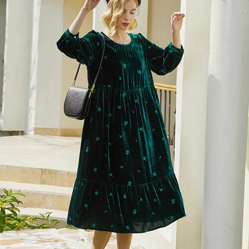 Samtkleid Neue High-End Luxus Temperament Mode Langarm Oansatz Kleid | tif-shop24.de