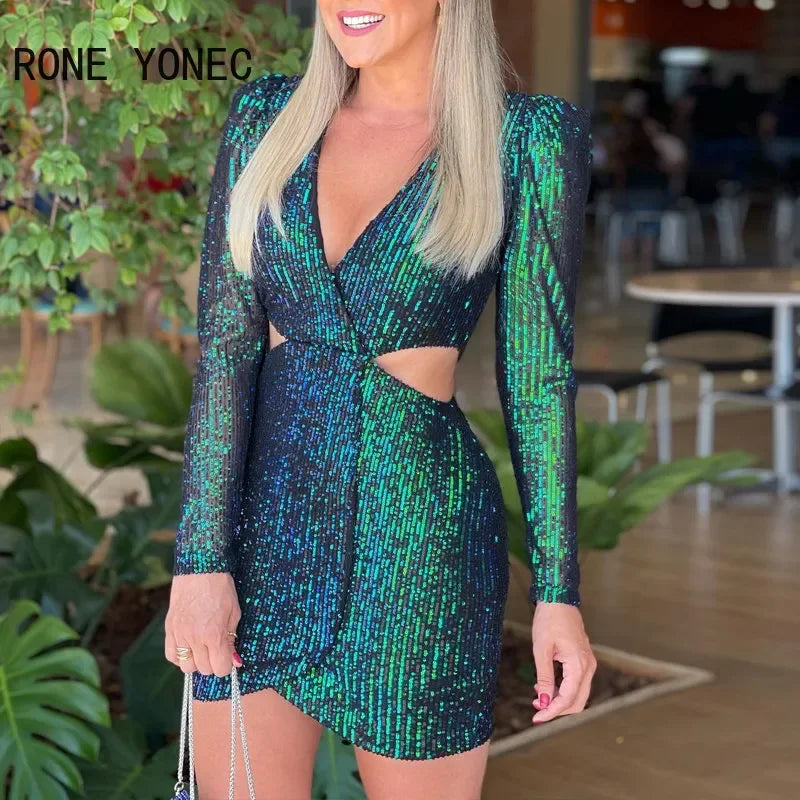 Chic Solid Sequins Deep V Neck Sexy Long Sleeves Midriff Mini Party Dresses | tif-shop24.de