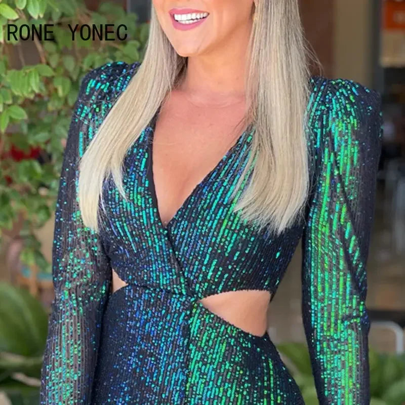 Chic Solid Sequins Deep V Neck Sexy Long Sleeves Midriff Mini Party Dresses | tif-shop24.de