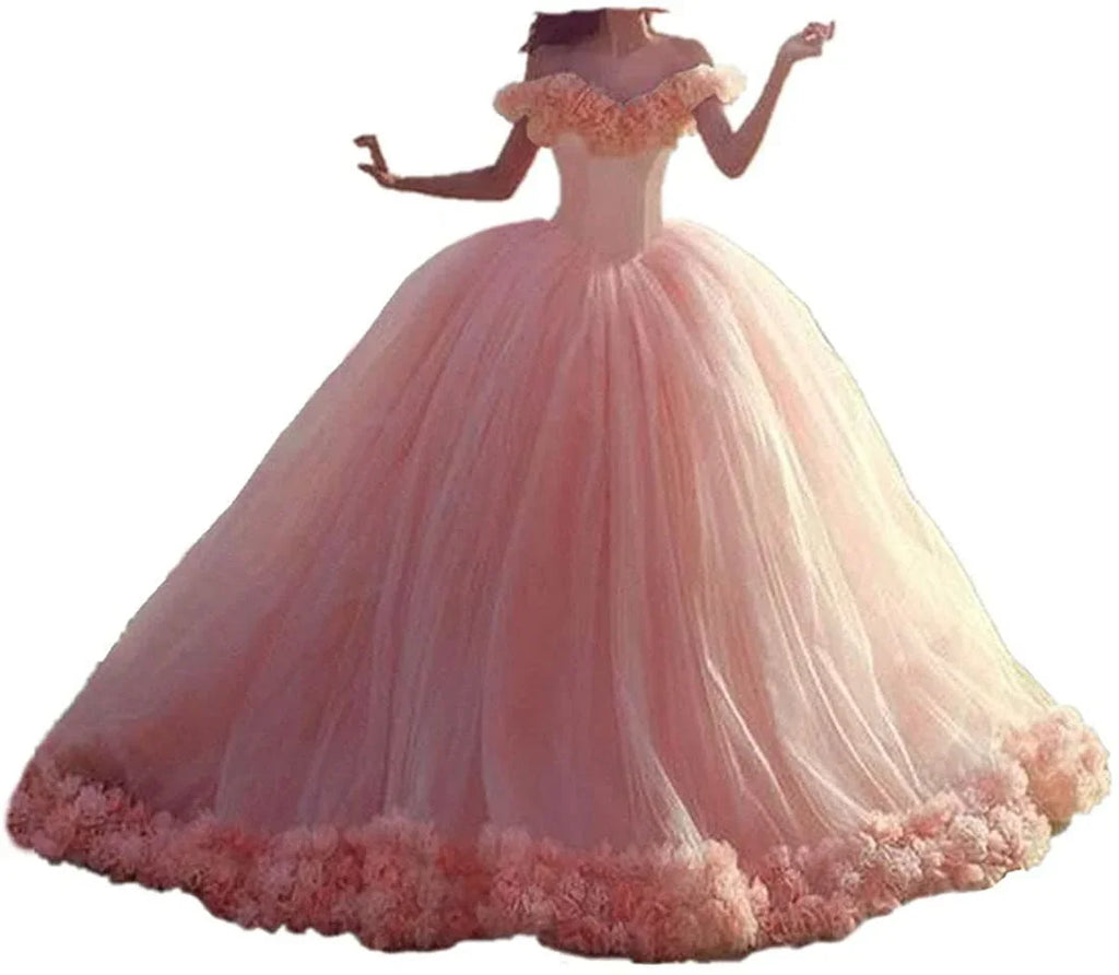Off Schulter Quinceanera Süße Maskerade Rosa Ballkleid Handgemachte Blumen Vestido De Festa Debütantin Kleider Abend Party | tif-shop24.de