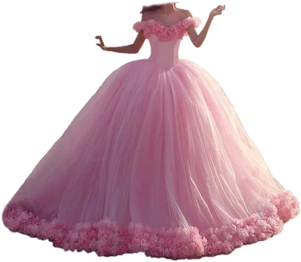 Off Schulter Quinceanera Süße Maskerade Rosa Ballkleid Handgemachte Blumen Vestido De Festa Debütantin Kleider Abend Party | tif-shop24.de