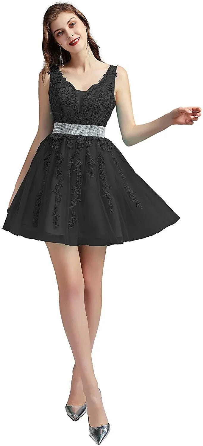 V-Ausschnitt Cocktail Kleider Spitze Appliques Kurze Formale Party Floral Abendkleid Vestido De Festa - tif-shop24.de