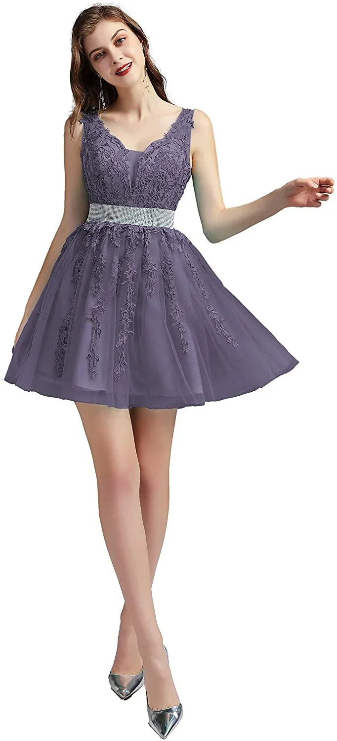 V-Ausschnitt Cocktail Kleider Spitze Appliques Kurze Formale Party Floral Abendkleid Vestido De Festa - tif-shop24.de