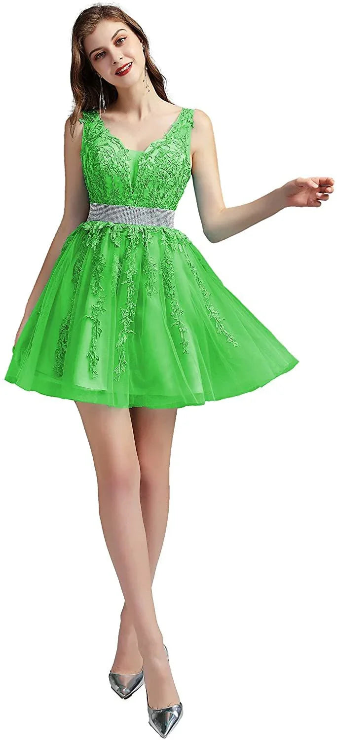 V-Ausschnitt Cocktail Kleider Spitze Appliques Kurze Formale Party Floral Abendkleid Vestido De Festa - tif-shop24.de