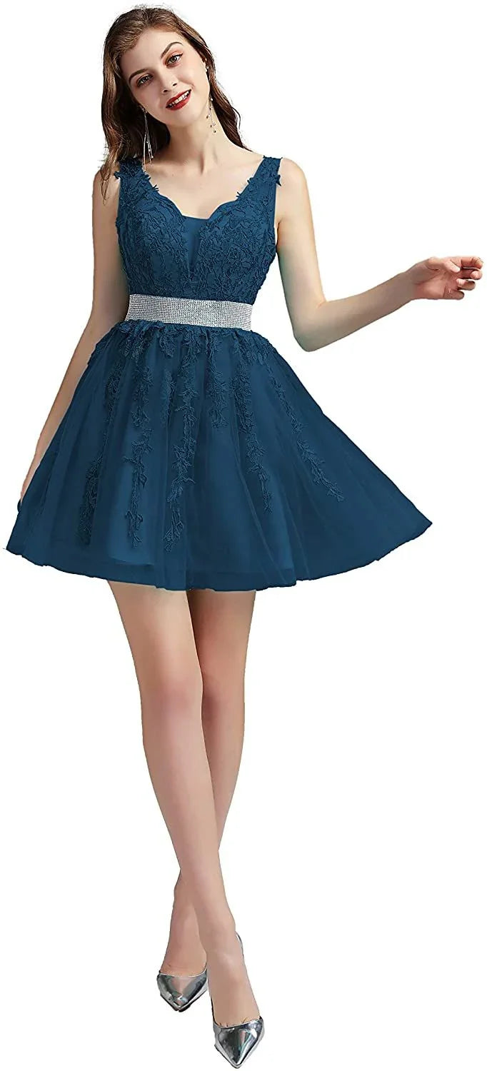 V-Ausschnitt Cocktail Kleider Spitze Appliques Kurze Formale Party Floral Abendkleid Vestido De Festa - tif-shop24.de