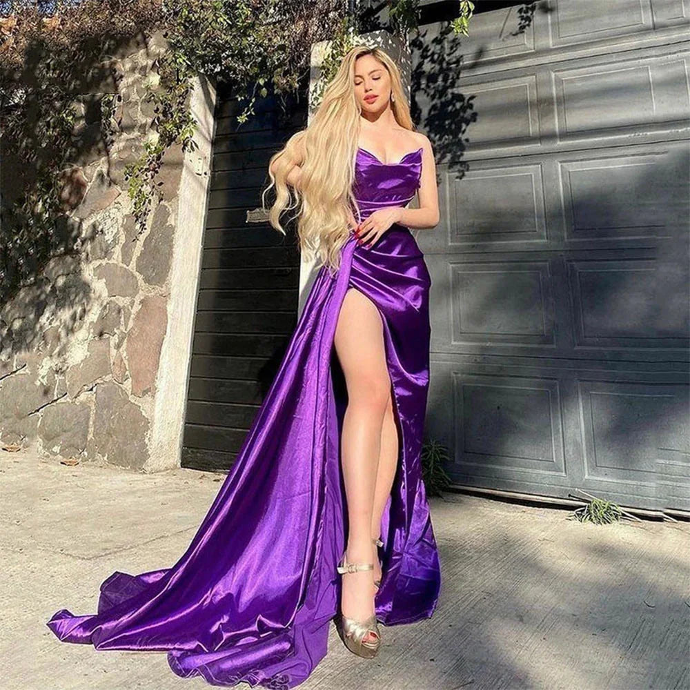 Vinca Sunny Sexy Purple Sweetheart Neck Mermaid Satin Long Prom Side Slit Evening Gowns Formal Party Custom Made | tif-shop24.de