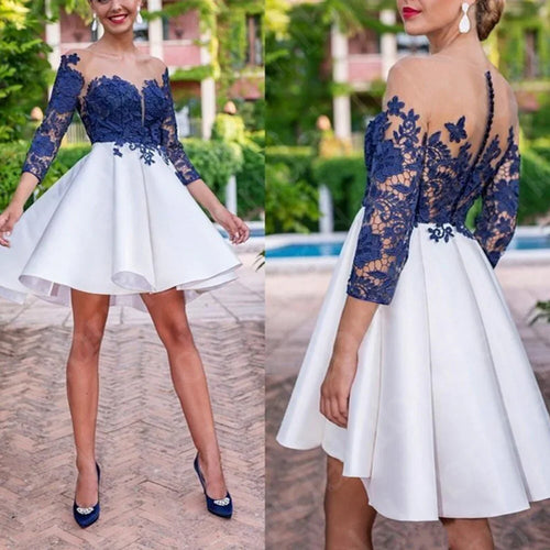 Schöne Kurze Spitze Hochzeit Party Kleider mit 3/4 Ärmeln Cocktail Sheer Ausschnitt Knie Länge - tif-shop24.de