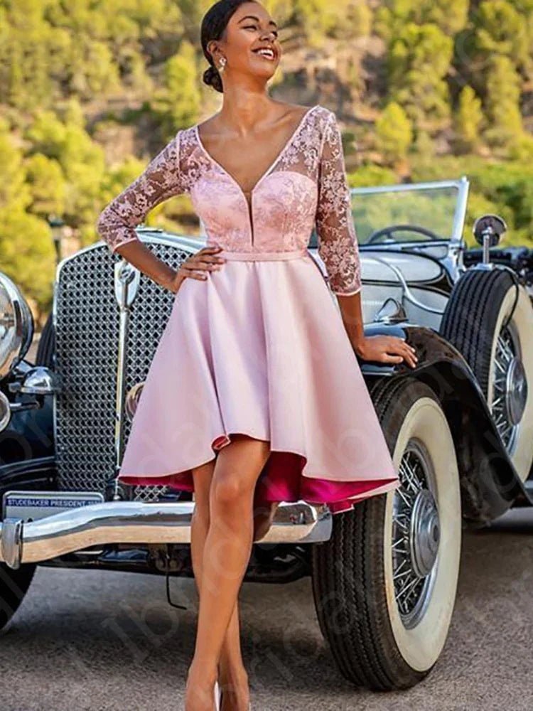 Neueste Schöne Rosa Kleider Spitze V Ausschnitt Hochzeit Party mit 3/4 Ärmeln Cocktail | tif-shop24.de