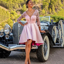 Neueste Schöne Rosa Kleider Spitze V Ausschnitt Hochzeit Party mit 3/4 Ärmeln Cocktail - tif-shop24.de