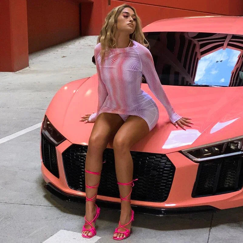 Y2K Stil Frühling Sommer Kurze Kleid Dot Print Langarm Rundhals Gewickelt Hüfte Mini Bodycon Kleid für dating - tif-shop24.de