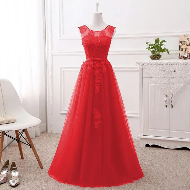 Beauty-Emily Lange Abendkleider mit O-Ausschnitt Partykleider Spitzenapplikationen | tif-shop24.de