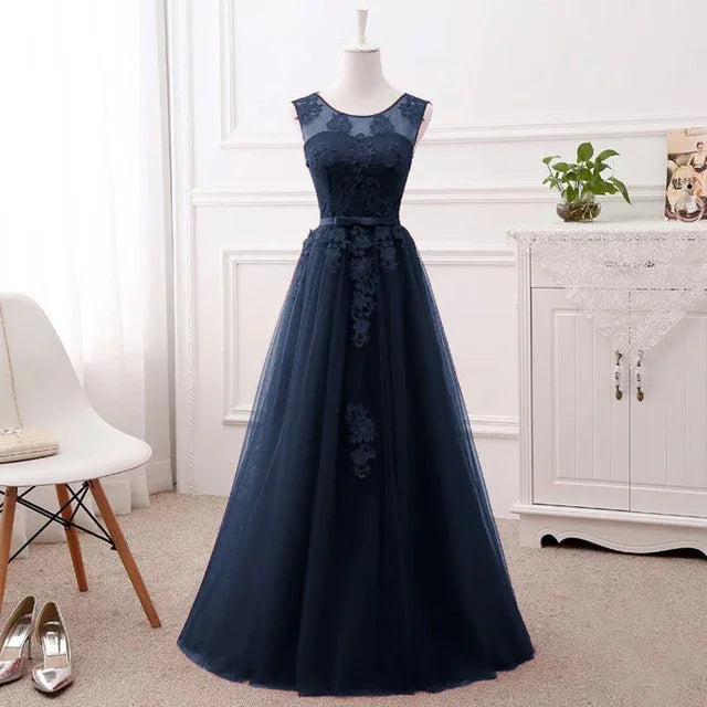 Beauty-Emily Lange Abendkleider mit O-Ausschnitt Partykleider Spitzenapplikationen | tif-shop24.de