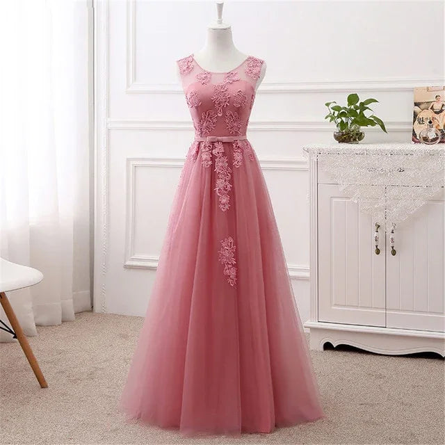 Beauty-Emily Lange Abendkleider mit O-Ausschnitt Partykleider Spitzenapplikationen | tif-shop24.de