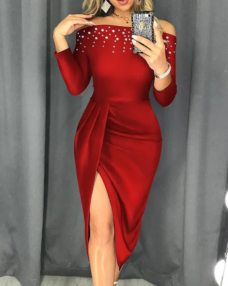 Eleganter Solide Schulterfrei Perlen Geraffte Partykleid Langarm Midikleid | tif-shop24.de