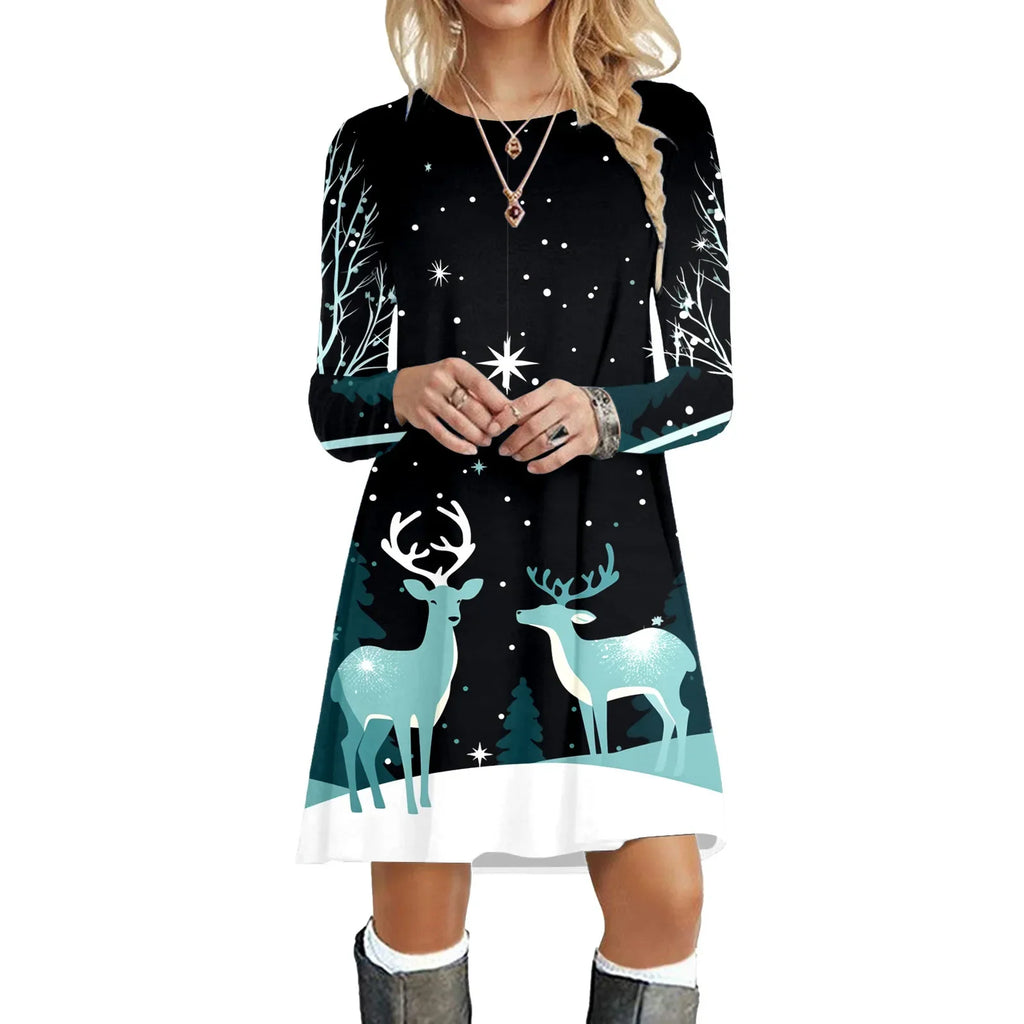 New Year Snowman Printed Hooded Dress Women's Long Sleeve Christmas Party Dress Oversized O Neck Casual Dress Femme Vestidos | tif-shop24.de