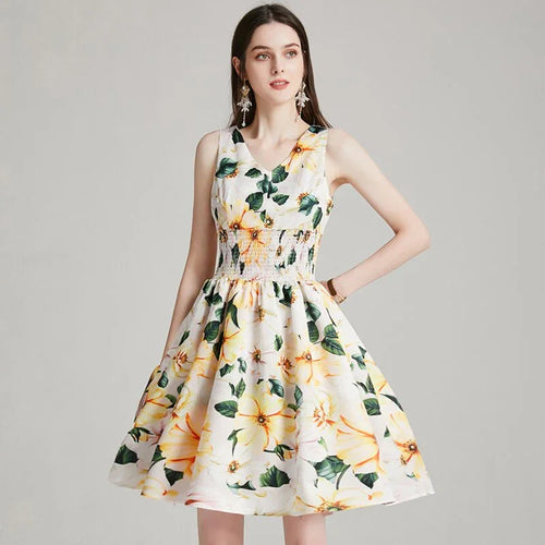 Sexy V-ausschnitt Ärmellose Kleid Hohe Qualität Süße Kamelie Blumen Druck Runway Kleid | tif-shop24.de