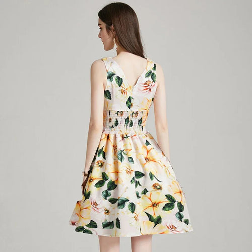 Sexy V-ausschnitt Ärmellose Kleid Hohe Qualität Süße Kamelie Blumen Druck Runway Kleid | tif-shop24.de