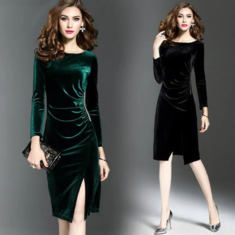 Bigsweety Vintage Samtkleid Neue Langarm Slim Side Split | tif-shop24.de