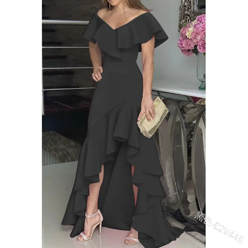 European American Elegant Party Dresses Sexy V-neck Irregular Solid Color Maxi Dress Hem Ruffle Women Short Sleeve Floor-Length | tif-shop24.de