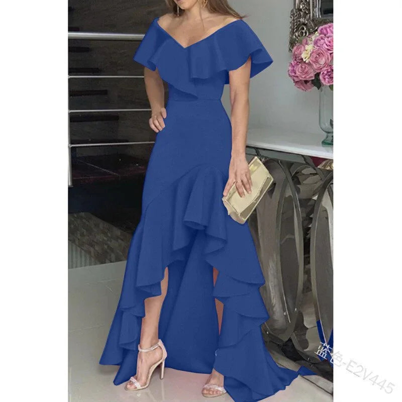 European American Elegant Party Dresses Sexy V-neck Irregular Solid Color Maxi Dress Hem Ruffle Women Short Sleeve Floor-Length | tif-shop24.de