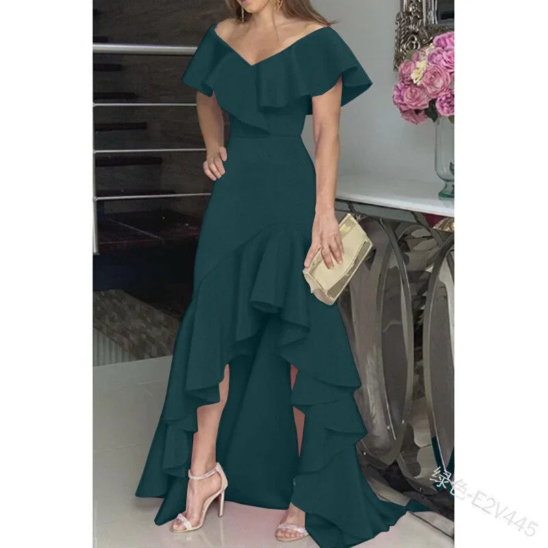 European American Elegant Party Dresses Sexy V-neck Irregular Solid Color Maxi Dress Hem Ruffle Women Short Sleeve Floor-Length | tif-shop24.de
