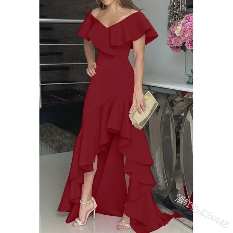 European American Elegant Party Dresses Sexy V-neck Irregular Solid Color Maxi Dress Hem Ruffle Women Short Sleeve Floor-Length | tif-shop24.de