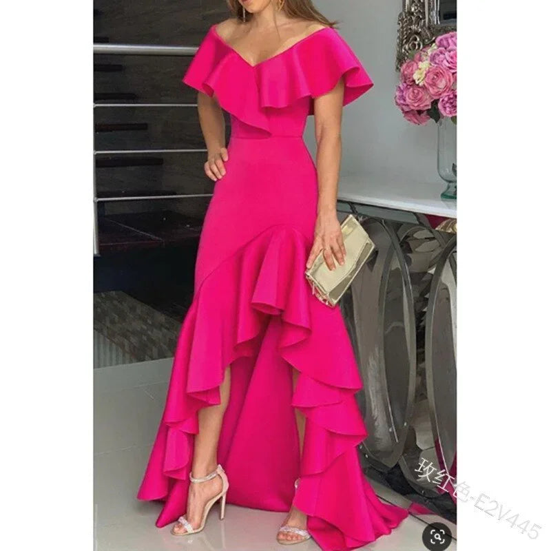 European American Elegant Party Dresses Sexy V-neck Irregular Solid Color Maxi Dress Hem Ruffle Women Short Sleeve Floor-Length | tif-shop24.de