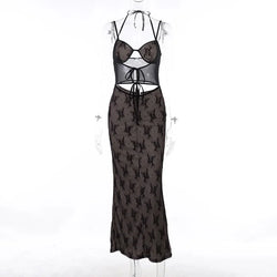 Mozision Hollow Out Print Back Split Maxi New Black Sleeveless Bodycon Sexy Party Vestidos | tif-shop24.de