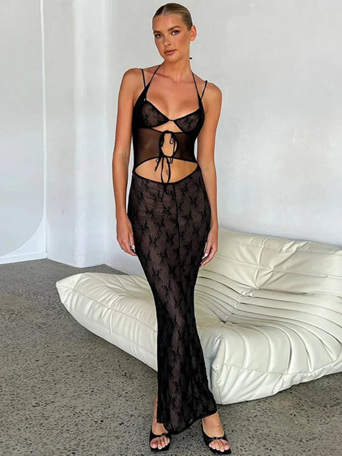 Mozision Hollow Out Print Back Split Maxi New Black Sleeveless Bodycon Sexy Party Vestidos | tif-shop24.de