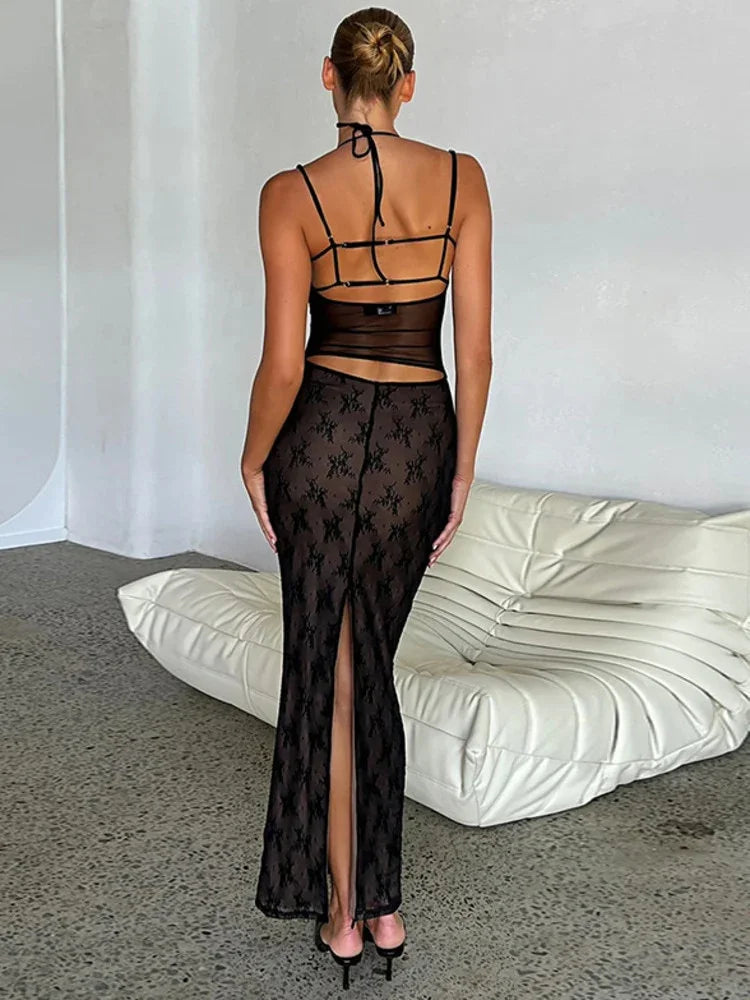 Mozision Hollow Out Print Back Split Maxi New Black Sleeveless Bodycon Sexy Party Vestidos | tif-shop24.de