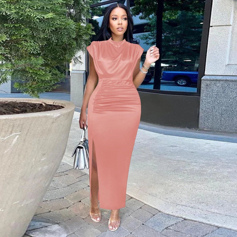 Plissee Lang Eleganter Schlitz Stehkragen Slim Fit Ärmellos Maxi Roben | tif-shop24.de