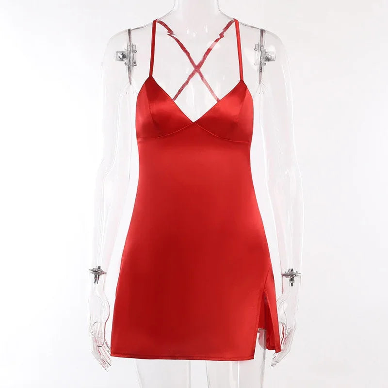 Satin Slip Tight Mini Dress — Satin Backless Wrap Bodycon Party Dress | tif-shop24.de