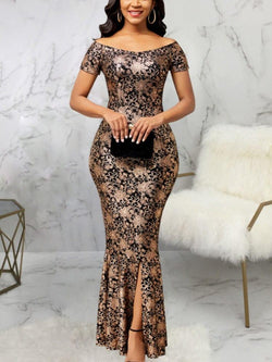 Sexy Blumendruck Kleid Mode Slim Fit Schulterfrei Schlitz Roben Elegante Knöchellange - tif-shop24.de