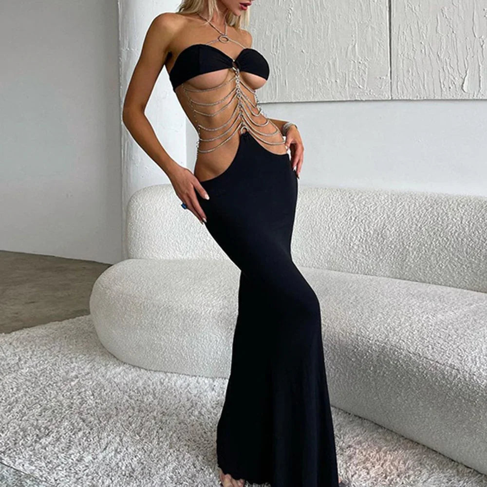 Summer New Clothing Ykt Fashion Sexy Metal Chain Hanging Neck Wrapped Chest Hollow Tight Hip Dress | tif-shop24.de