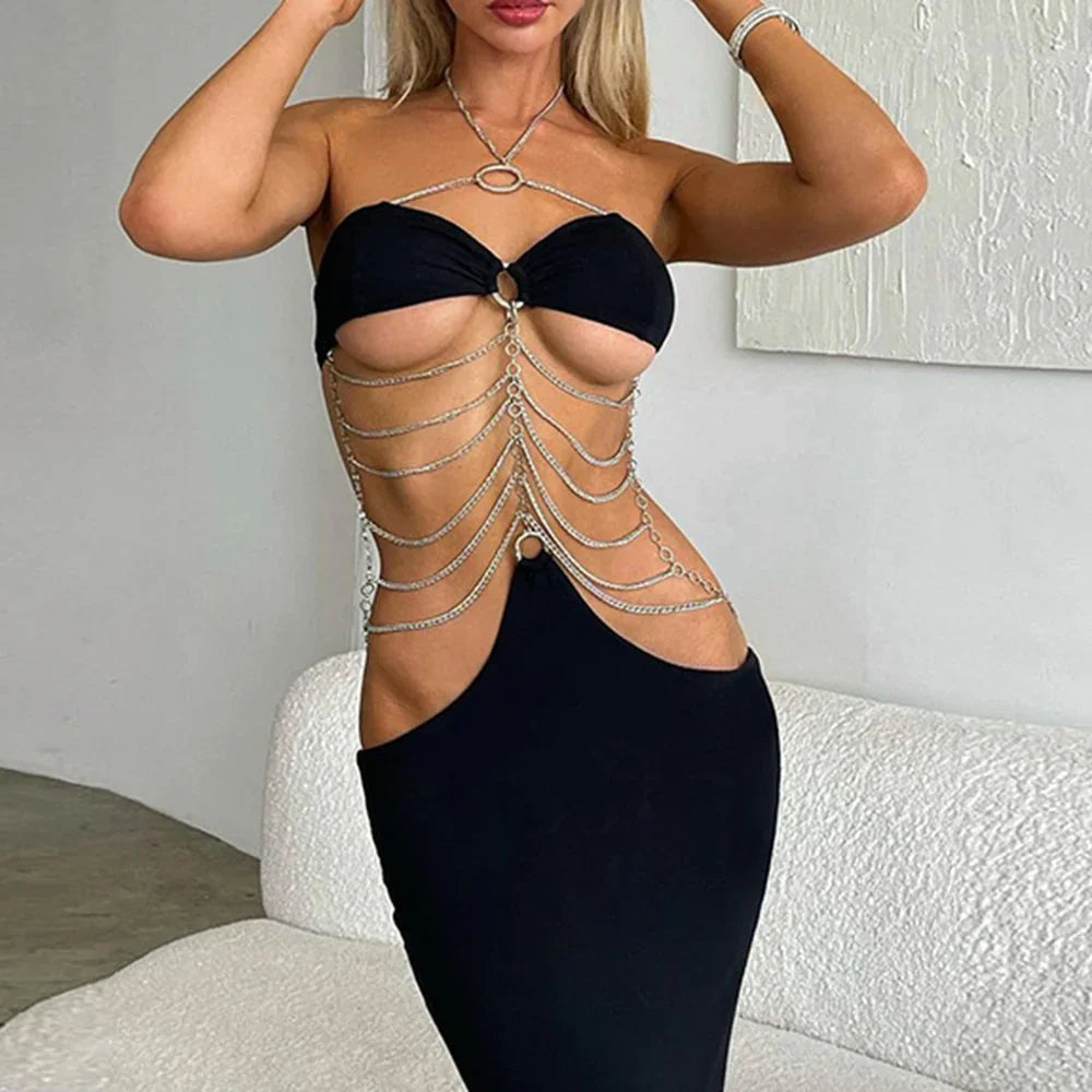 Summer New Clothing Ykt Fashion Sexy Metal Chain Hanging Neck Wrapped Chest Hollow Tight Hip Dress | tif-shop24.de
