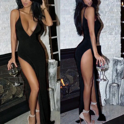 Tiefe Plunge Kleid Clubwear Sexy Öffnen Brust Hohe Oberschenkel Split Kleid Spaghetti Strap Party - tif-shop24.de