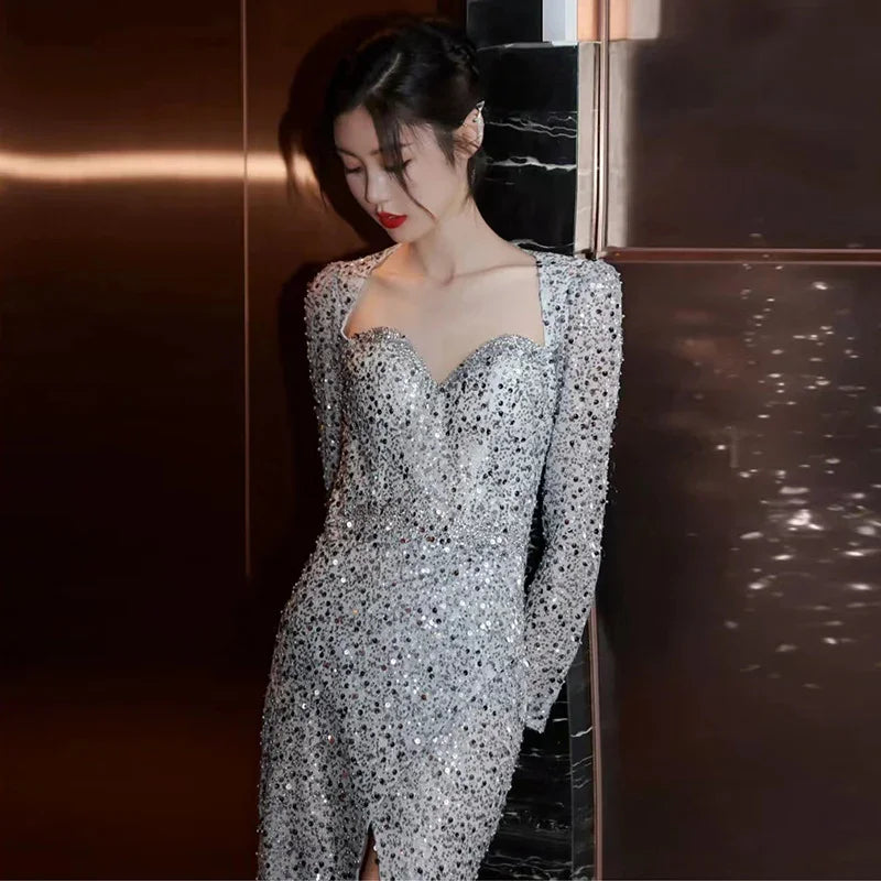 Paillettenkleid 2023 neues Temperament Jahresversammlung Abendessen langärmlige Kleid Braut Hochzeit Verlobung | tif-shop24.de