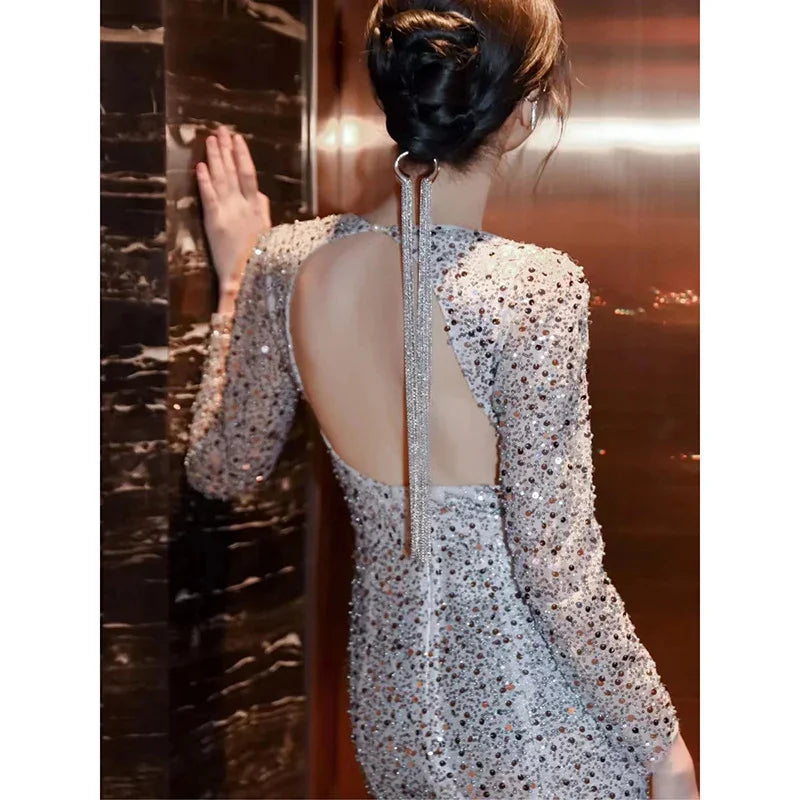 Paillettenkleid 2023 neues Temperament Jahresversammlung Abendessen langärmlige Kleid Braut Hochzeit Verlobung | tif-shop24.de