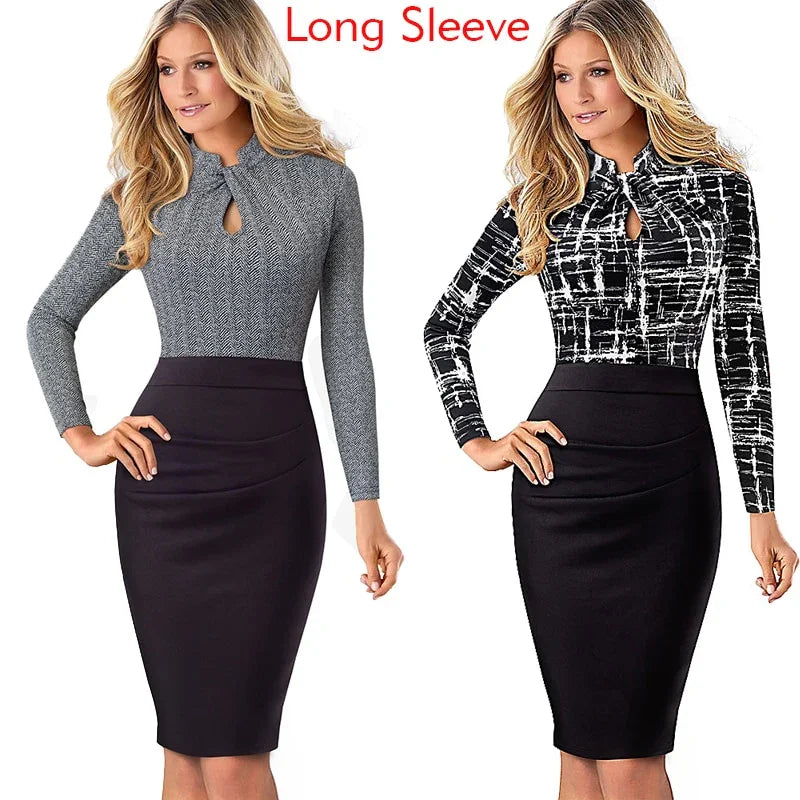 Nizza Vintage Kontrast Farbe Patchwork Tragen zu Arbeiten Knoten vestidos Bodycon Büro Business Mantel Frauen Kleid | tif-shop24.de