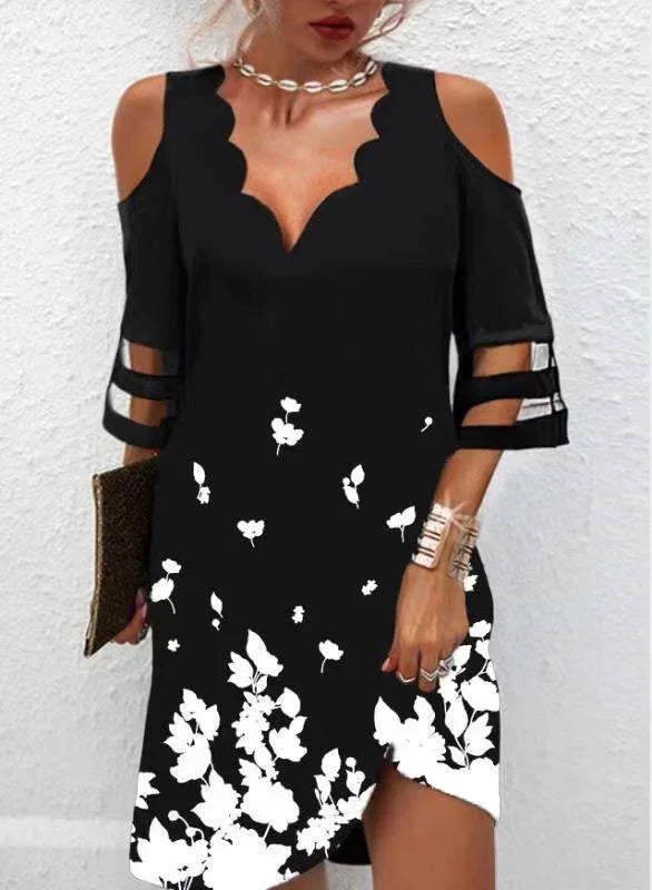 Elegante V-Ausschnitt Mesh Patchwork Mini Kleid – Sommer Blumenprint | tif-shop24.de