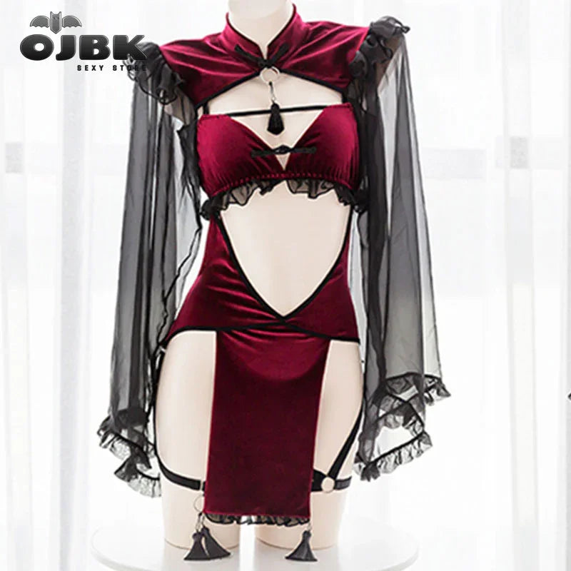 OJBK Punk Gothic Black Red Lace Sexy Lingerie for Women Maid Temptation Evil Demon Open Crotch Cosplay Backless Dress Costumes | tif-shop24.de
