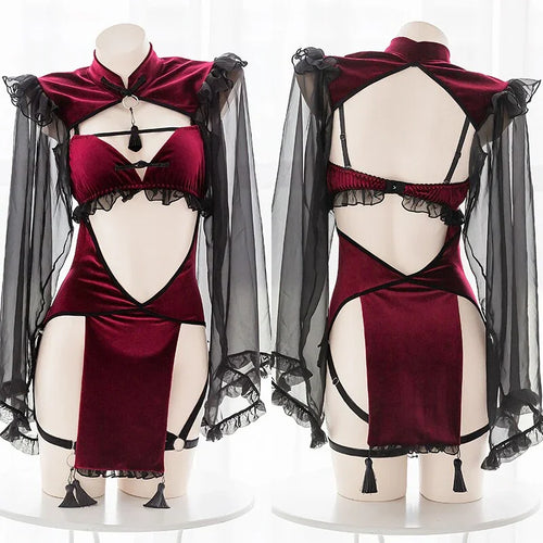 OJBK Punk Gothic Black Red Lace Sexy Lingerie for Women Maid Temptation Evil Demon Open Crotch Cosplay Backless Dress Costumes - tif-shop24.de
