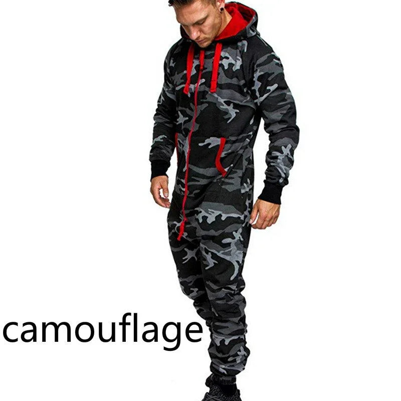 Adisputent One Piece Sets Mit Kapuze Fleece Overall Camouflage Print Persönlichkeit Casual Anzug | tif-shop24.de