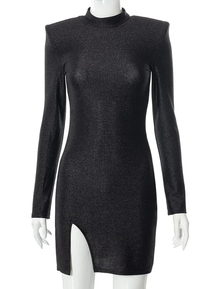 Articat Runde Kragen Seite Slit Mini Kleid Langarm Hohe Taille Schlank Partei Outfits Sexy Casual Elegante Schulter Pads Streetwear - tif-shop24.de