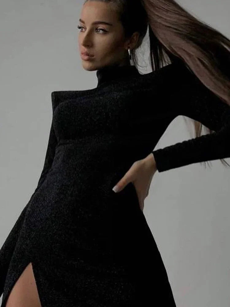 Articat Runde Kragen Seite Slit Mini Kleid Langarm Hohe Taille Schlank Partei Outfits Sexy Casual Elegante Schulter Pads Streetwear - tif-shop24.de