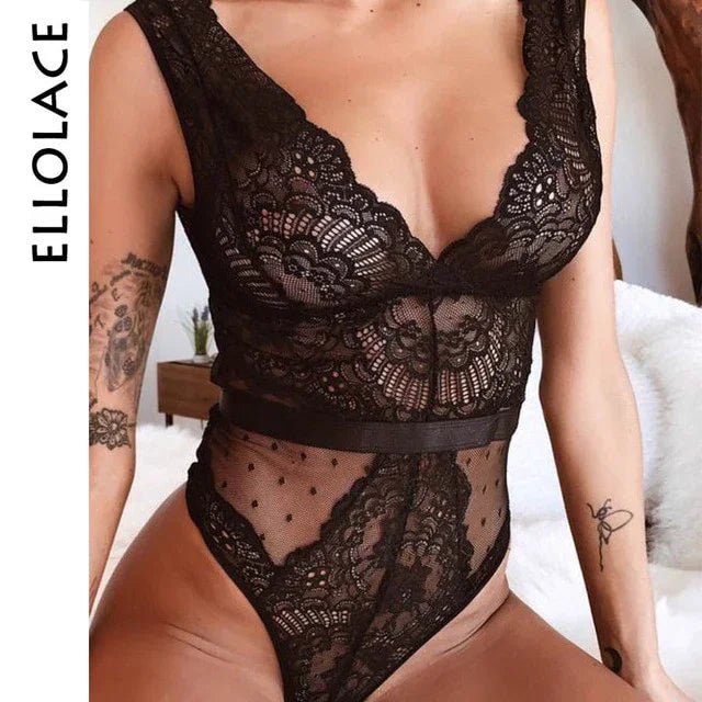 Ellolace Sommer Spitze Bodysuit Frauen Stickerei Transparent Tiefem V-ausschnitt Sexy Bodys Dot Bodycon Mesh Top Ärmelloses - tif-shop24.de
