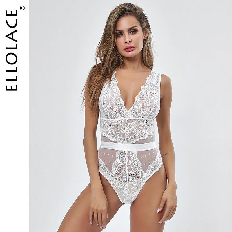 Ellolace Sommer Spitze Bodysuit Frauen Stickerei Transparent Tiefem V-ausschnitt Sexy Bodys Dot Bodycon Mesh Top Ärmelloses | tif-shop24.de