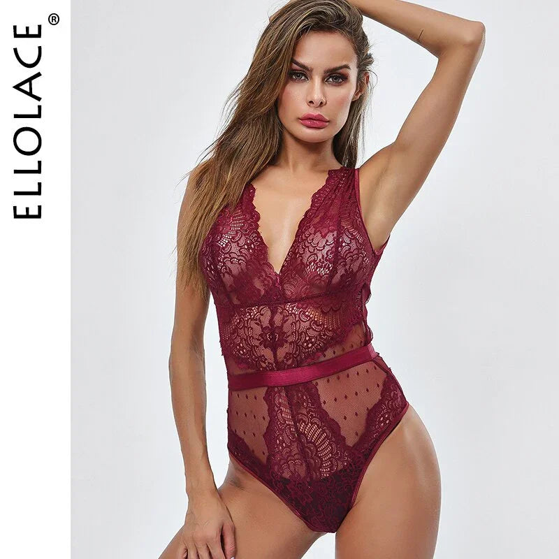 Ellolace Sommer Spitze Bodysuit Frauen Stickerei Transparent Tiefem V-ausschnitt Sexy Bodys Dot Bodycon Mesh Top Ärmelloses | tif-shop24.de