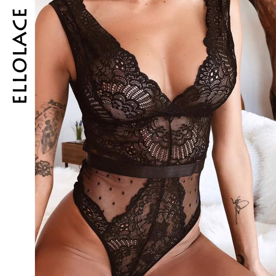 Ellolace Sommer Spitze Bodysuit Frauen Stickerei Transparent Tiefem V-ausschnitt Sexy Bodys Dot Bodycon Mesh Top Ärmelloses - tif-shop24.de